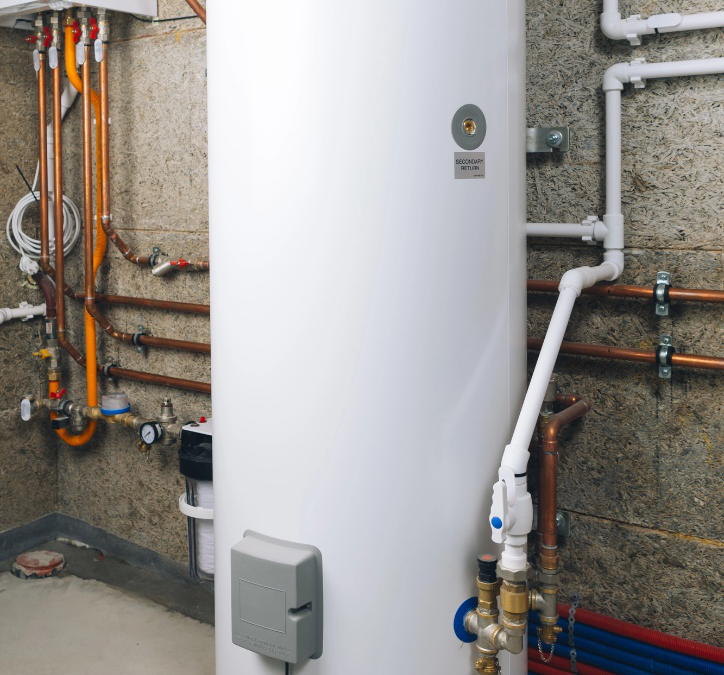 A close-up of a water heater tank.
