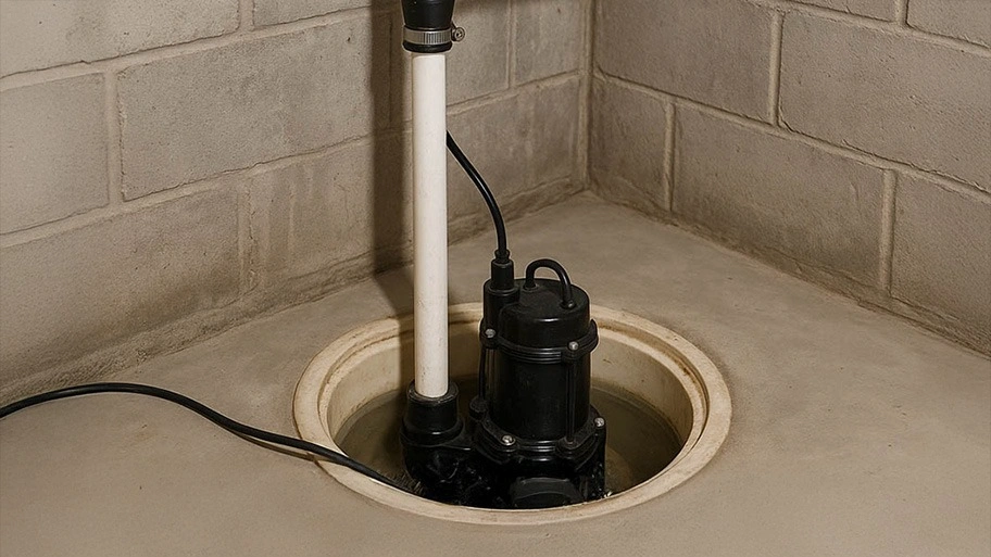 A sump pump installed in a basement pit to remove excess groundwater and prevent flooding.