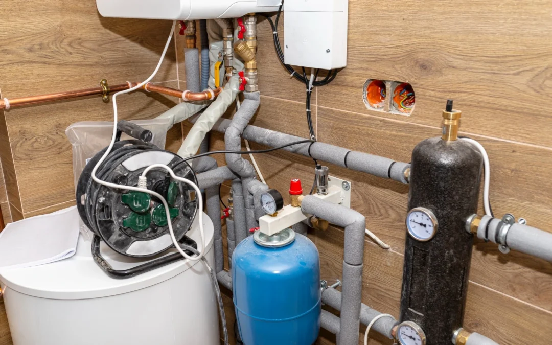 Installed water heater system with pipes and pressure tanks, showcasing professional emergency water heater services for fast and reliable repairs.